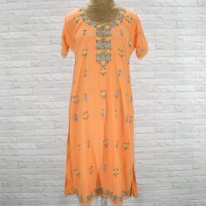 HANDMADE Kurta Peach Tunic Dress Turquoise Floral Silver Embroidered Top Ethnic